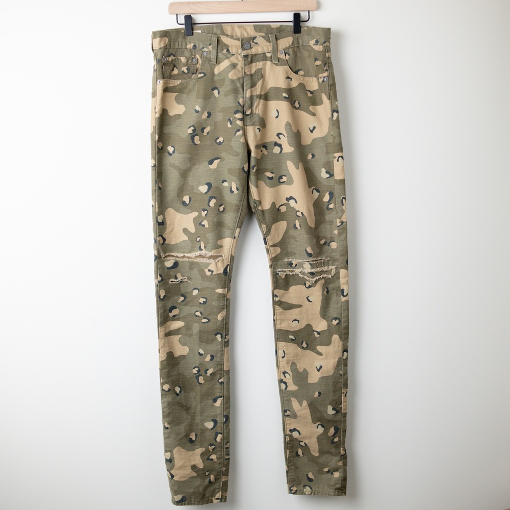 Levi's Lo-Ball Camo Slim Jeans Pants Mens 33 Green Distressed Ripped Camouflage - Picture 1 of 12